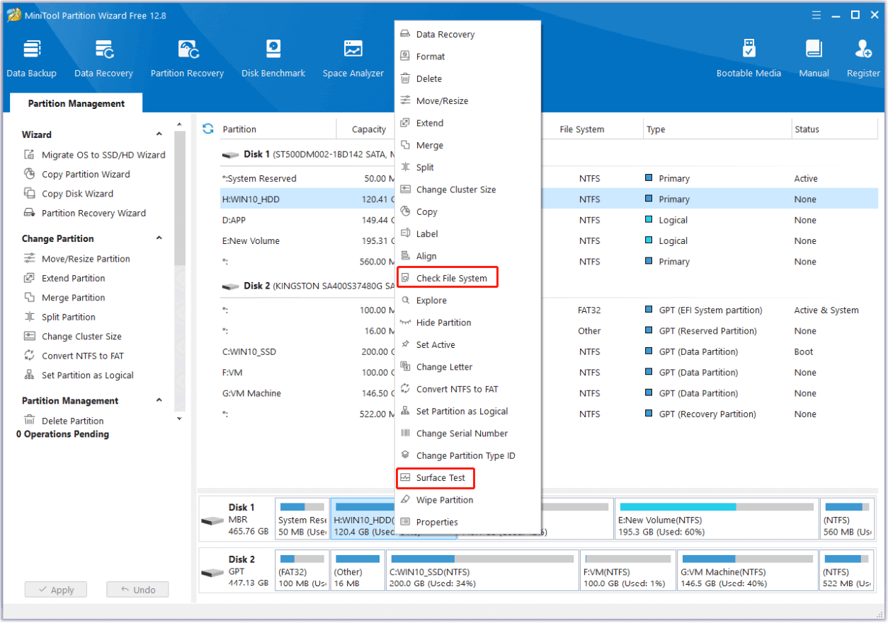 select Check File System or Surface Test