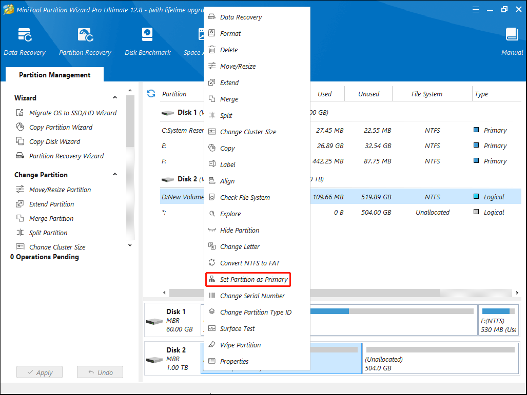 select Set Partition as Primary