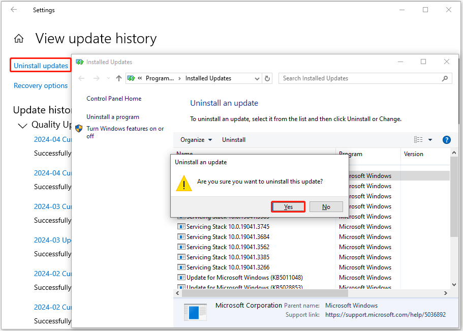 click Yes in the Uninstall an update window