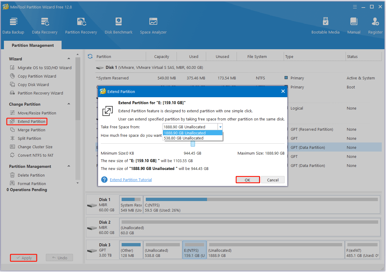 extend the partition with MiniTool Partition Wizard