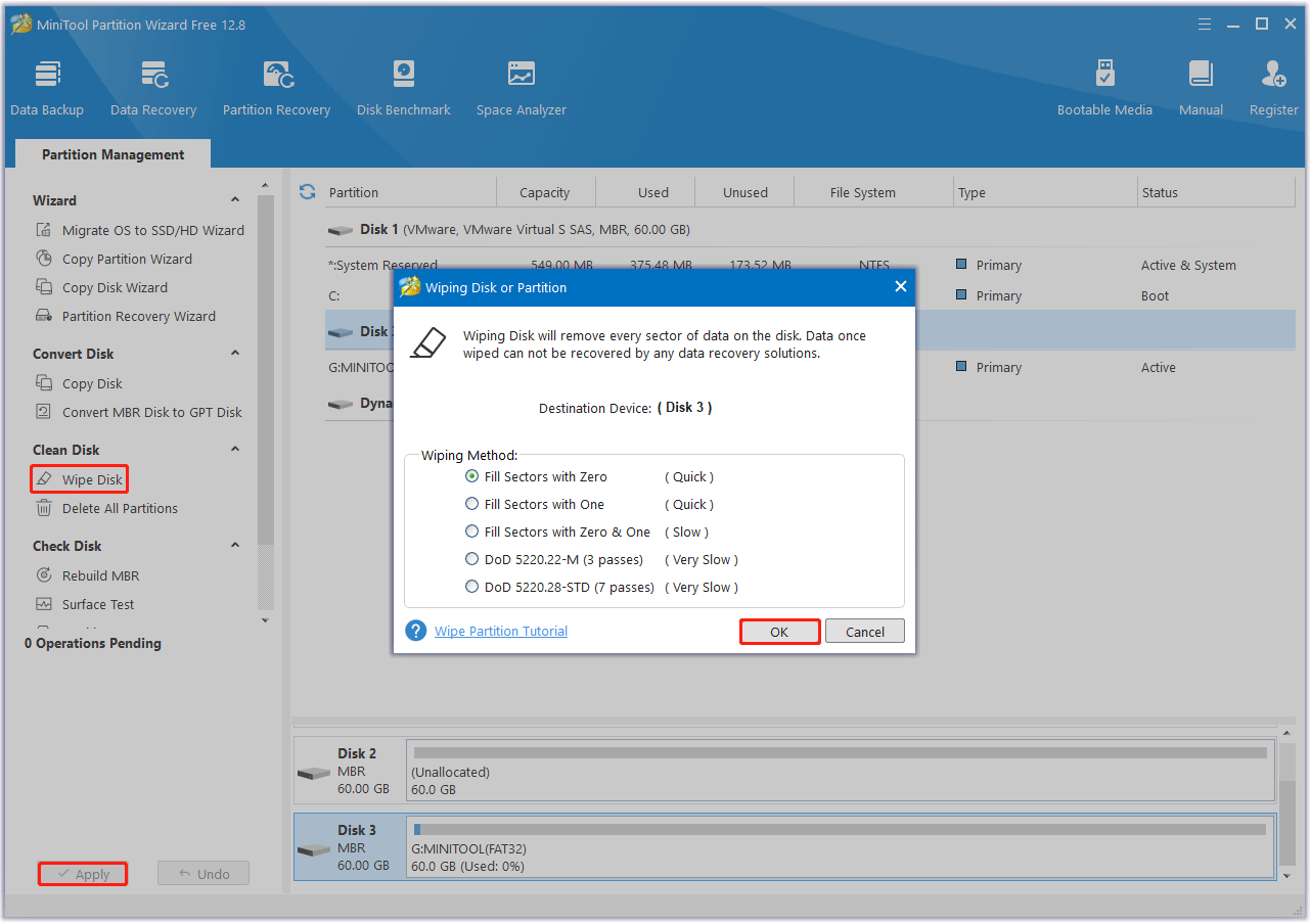 wipe disk using MiniTool Partition Wizard