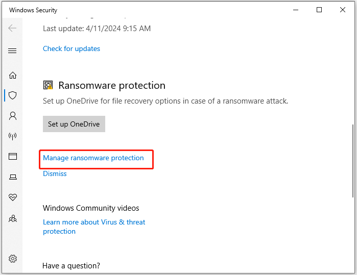 click Manage ransomware protection