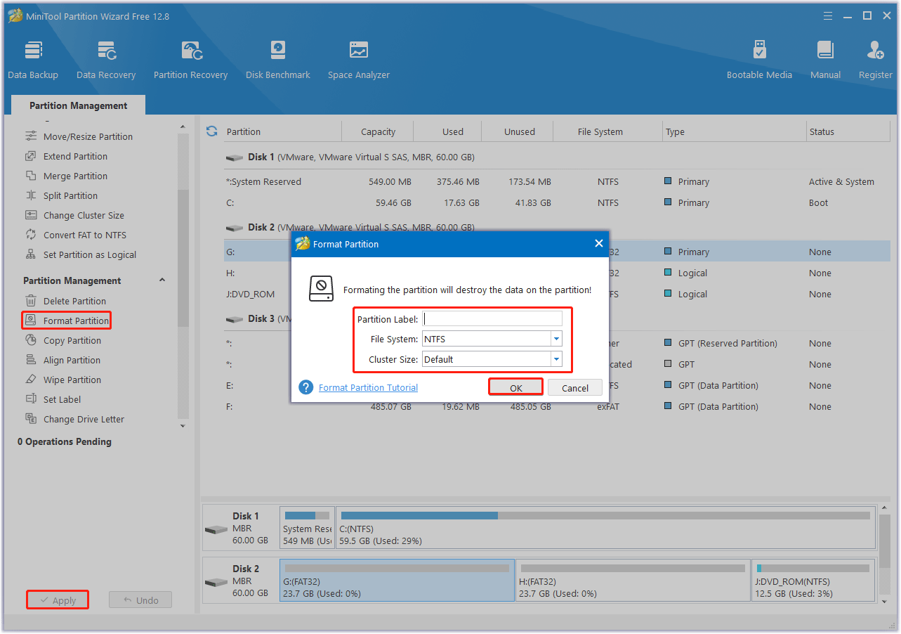 format the USB drive using MiniTool Partition Wizard