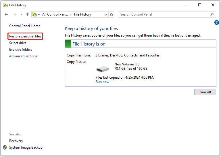 select Restore personal files