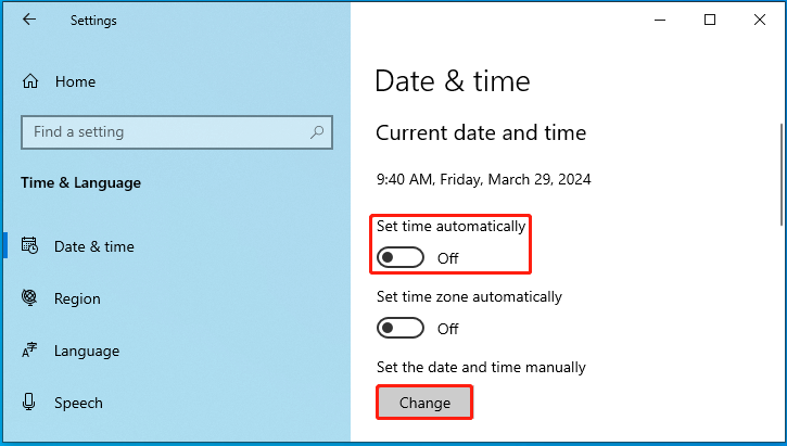 turn off Set time automatically and click Change