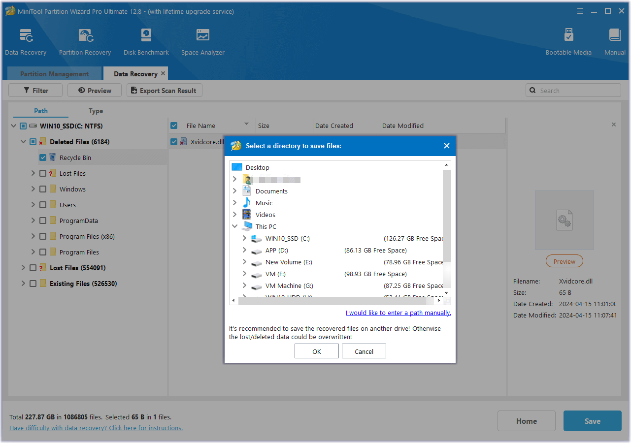 recover file via MiniTool Partition Wizard