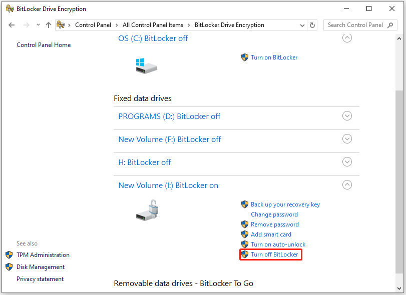 click Turn off BitLocker