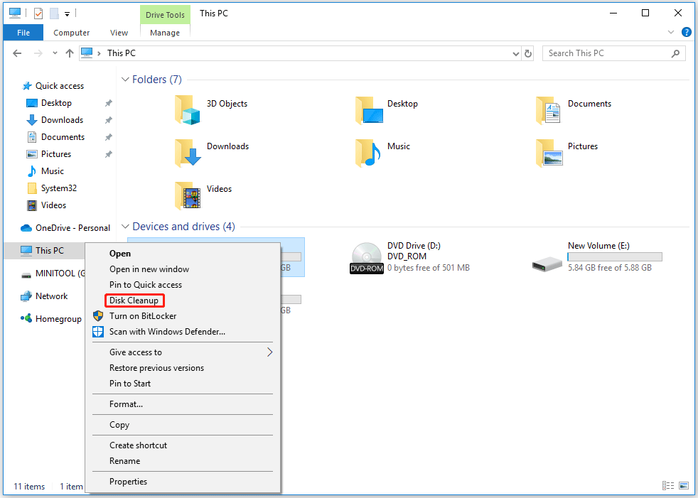 Disk Cleanup appears on the context menu