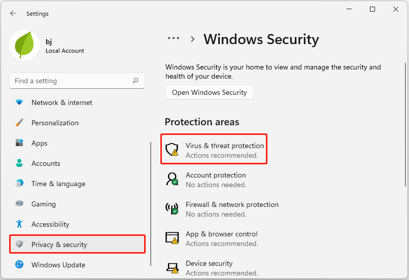 click Virus and threat protection