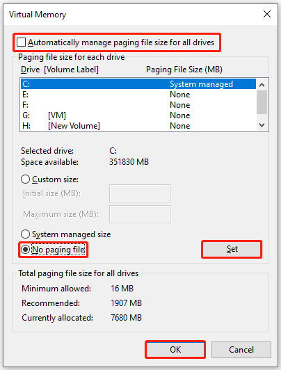 select No paging file