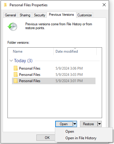 open the previous version in File History