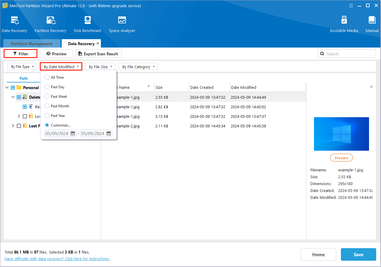 filter files based on date modified