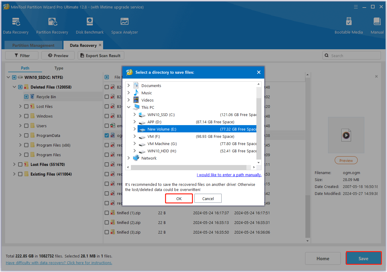 click OK to save the recovered OGM file