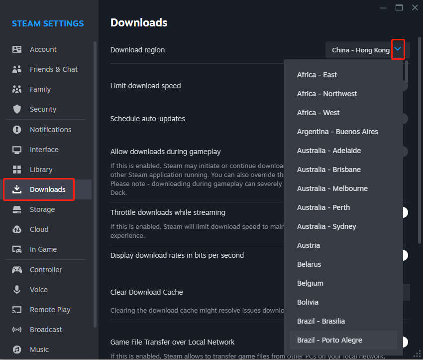 change the Steam download server location