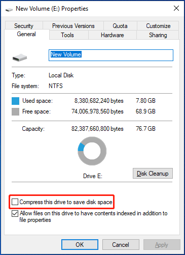 uncheck Compress this drive to save disk space