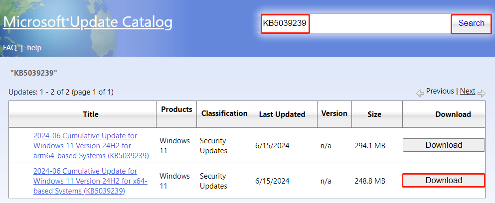 find and download the update KB5039239