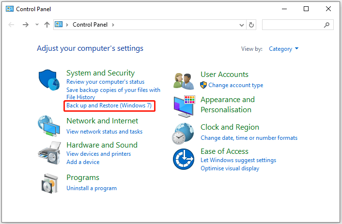 select Backup and Restore (Windows 7)