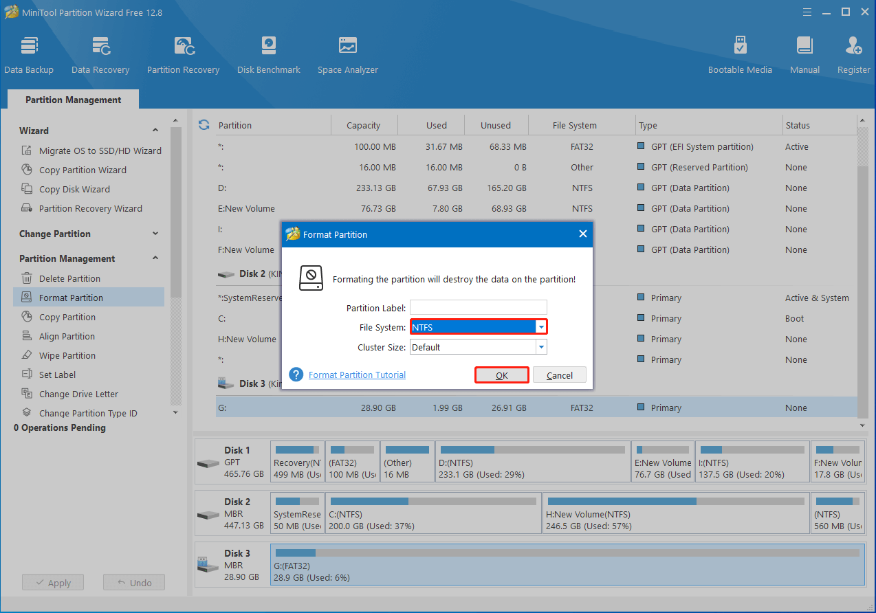 format unrecognized USB drive via MiniTool Partition Wizard