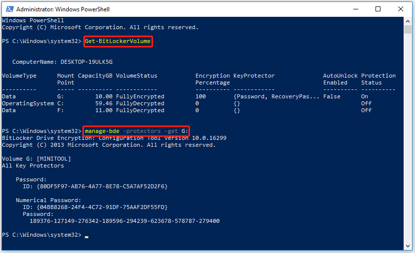 get BitLocker recovery key from PowerShell