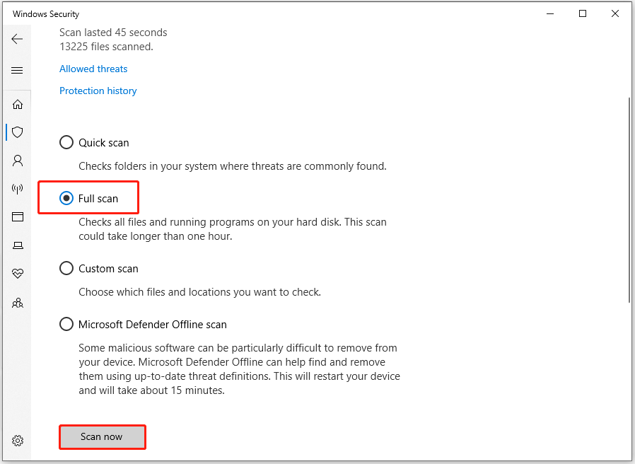 select Full scan and click Scan now