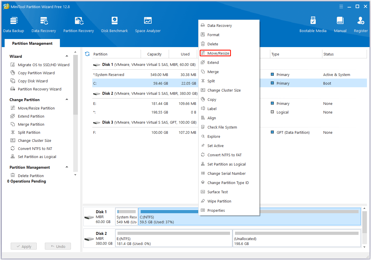 move or resize a partition