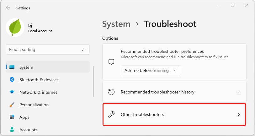 click Other troubleshooters