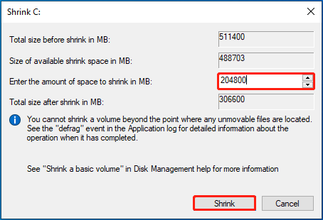 shrink the partition