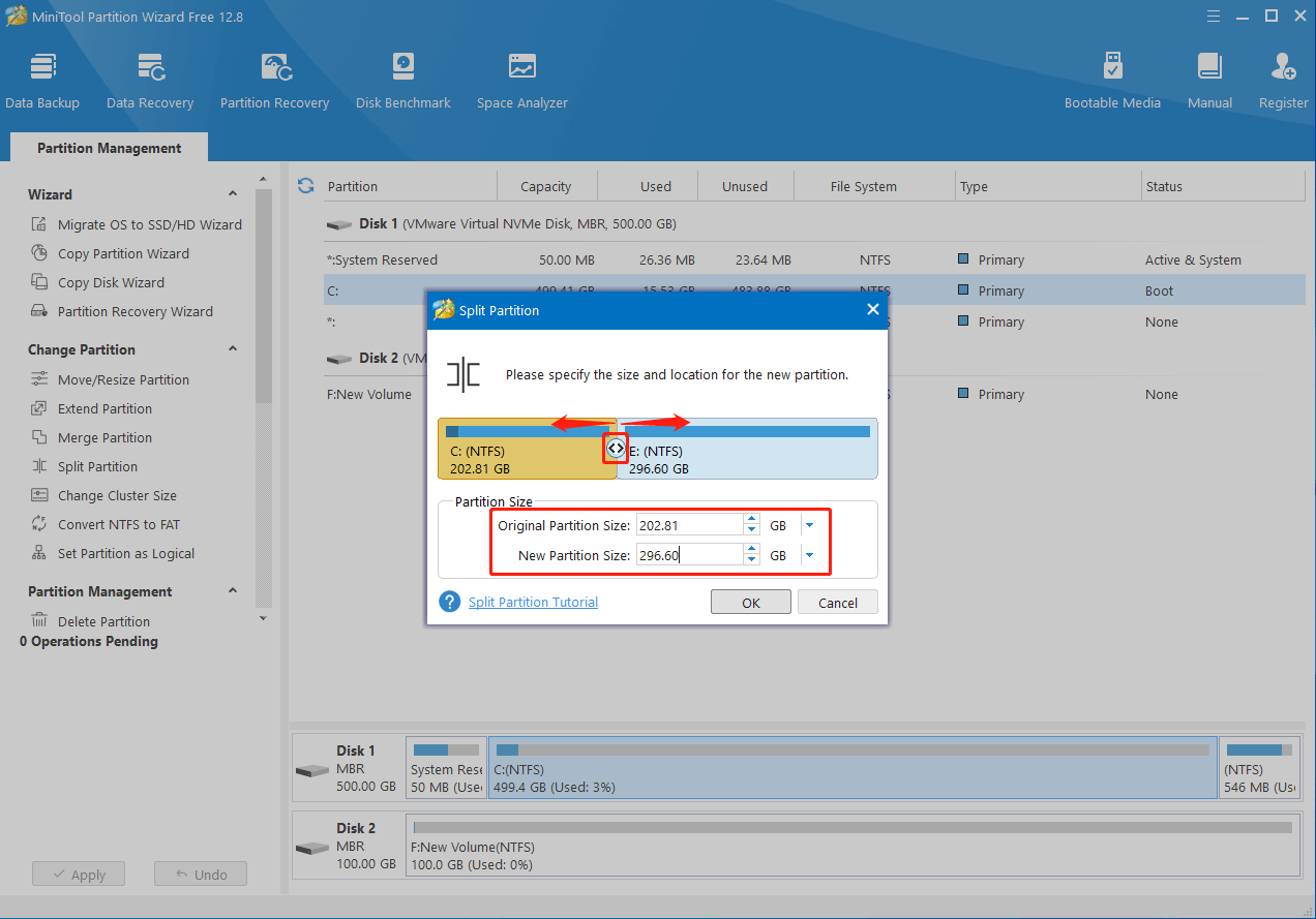 determine the size of the original and new partitions