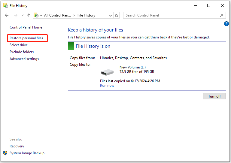 click Restore personal files