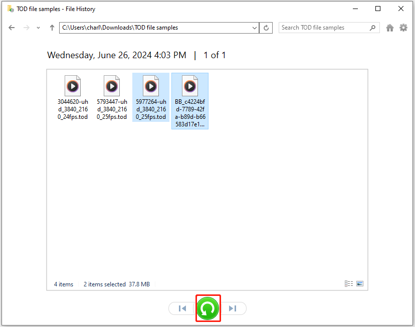 select the deleted TOD files and click Restore icon