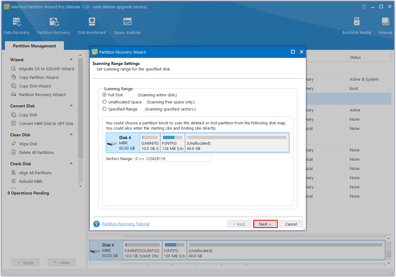 select the scanning range