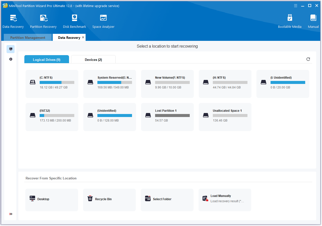 select a place to recover data