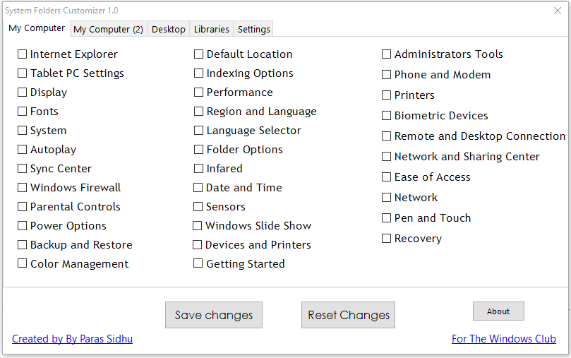 the interface of System Folders Customizer