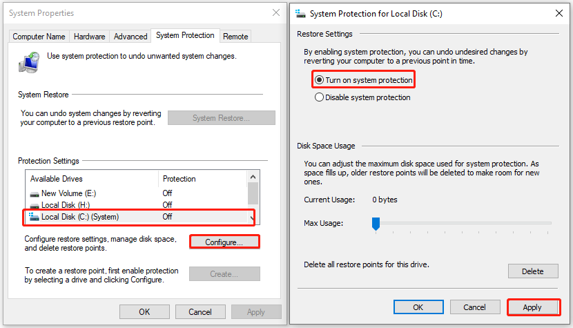 enable System Restore feature