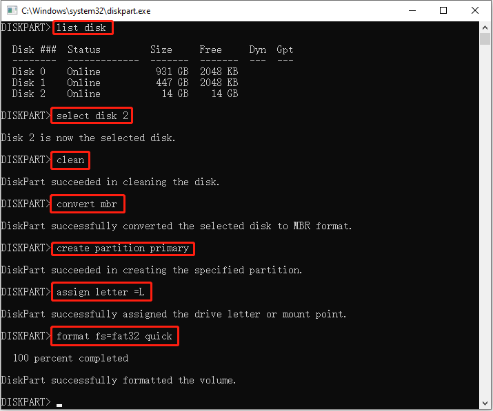 reformat the USB drive using commands