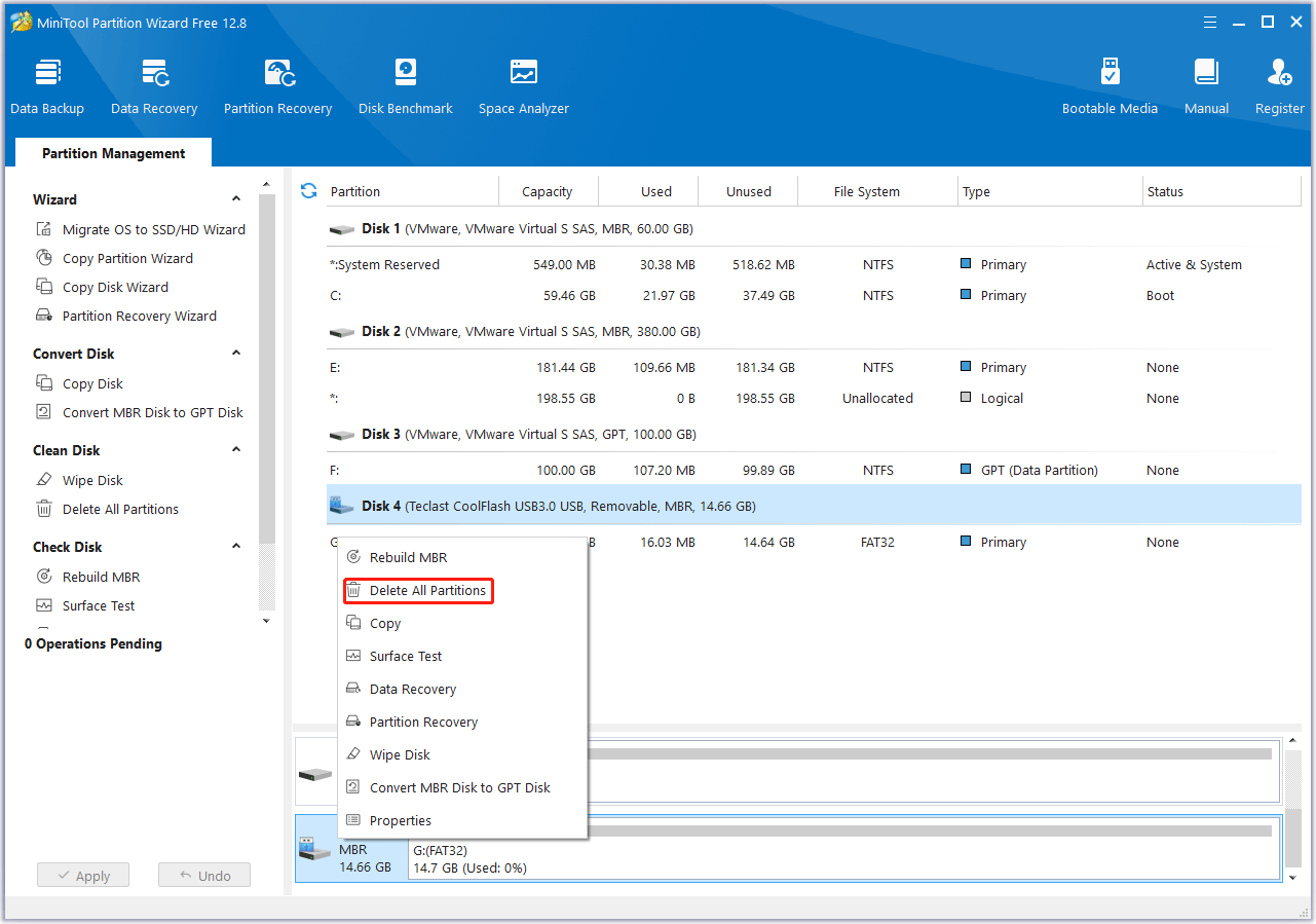delete all partitions on the USB drive