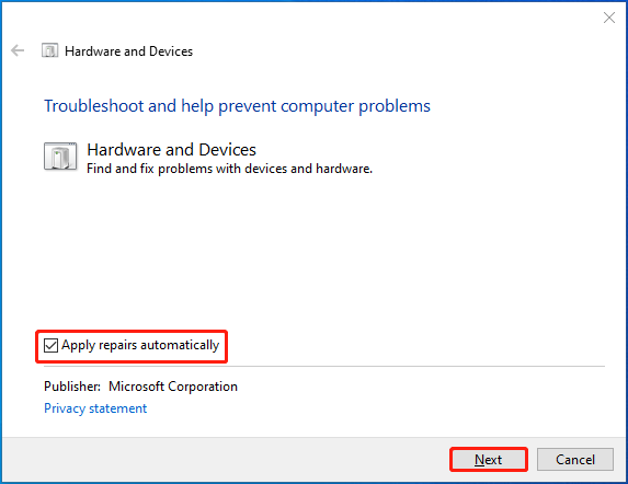 run the Hardware and Devices troubleshooter