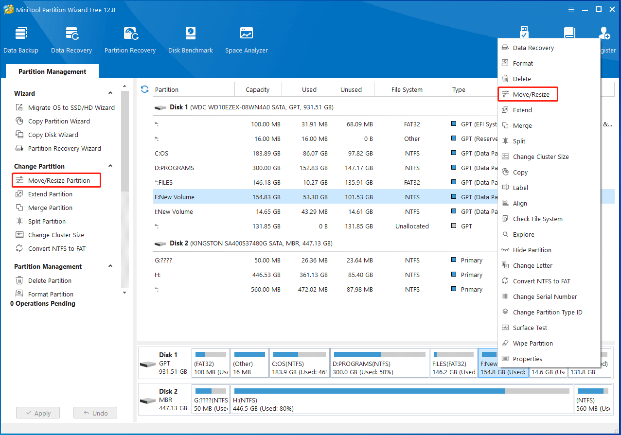 move or resize partition