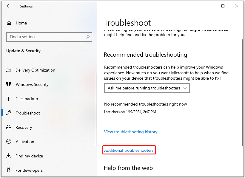 click Additional troubleshooters