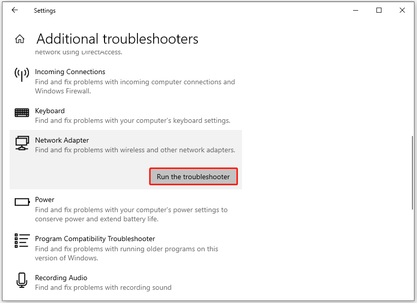 choose Network Adapter and click Run the troubleshooter