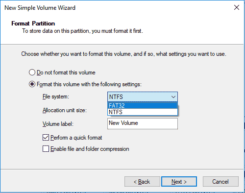 the file system that can be selected when Disk Management creates partitions