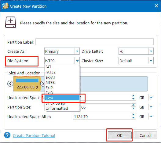 choose Ext4 partition from File System and click OK