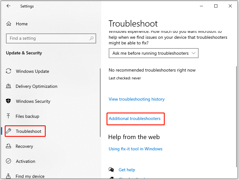 click Additional troubleshooters