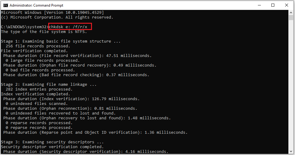 the chkdsk e: /f/r/x interface