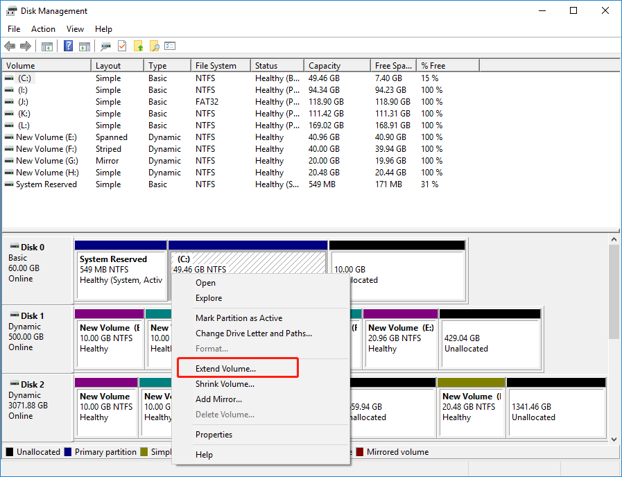 click Extend Volume in Disk Management