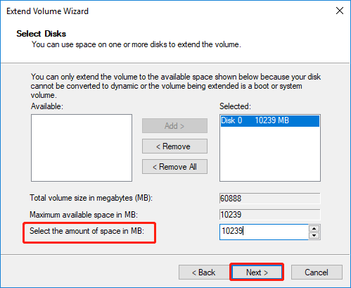 enter the size of the partition you want to extend