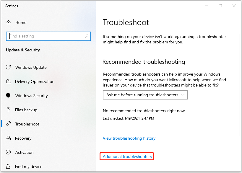 click Additional troubleshooters