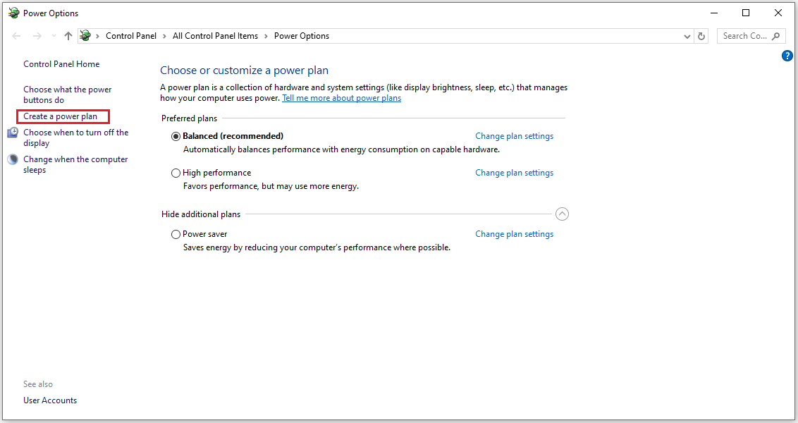 click Create a power plan