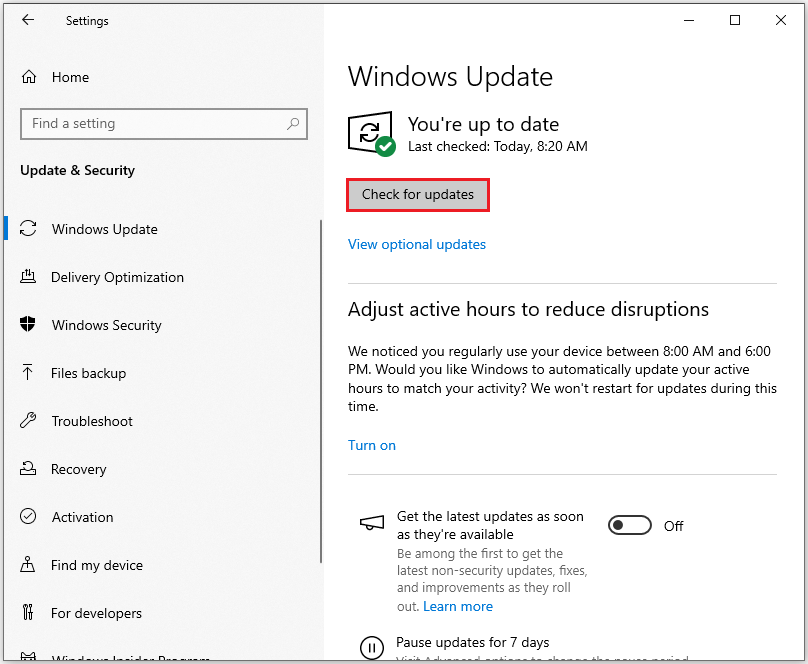 the Windows Update interface