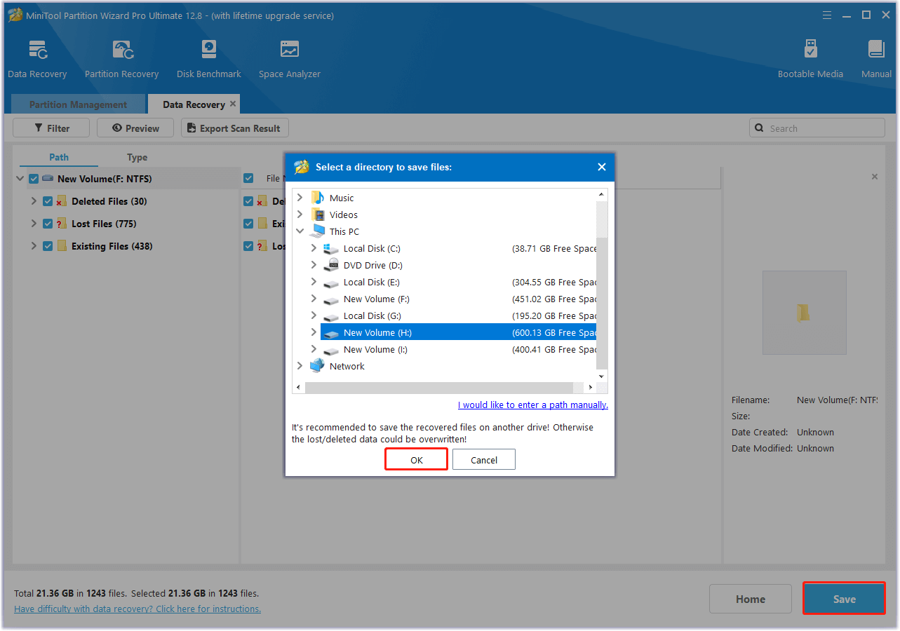 choose a location to save the recovered files